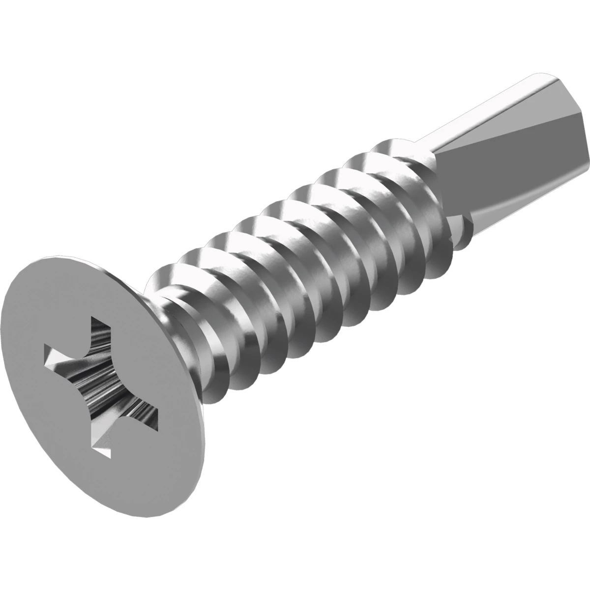 Hochwertige 3D-Darstellung einer Edelstahl-Linsenkopfschraube mit Torx-Antrieb, großem runden Kopf und scharfem Gewinde, ideal für saubere, korrosionsbeständige Befestigungen in Metall und Blech.