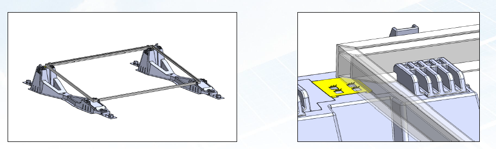Ein Rahmen aus verstärktem Material wird dargestellt, der zur Befestigung auf Dächern verwendet wird. Er zeigt spezifische Montagepunkte und eine farbliche Kennzeichnung für die Installationselemente. Der Hintergrund ist ein helles, unscharfes Material.