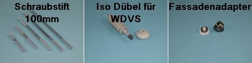 Schraubstifte in verschiedenen Längen, ein Iso-Dübel für WDVS und ein Fassadenadapter sind auf hellem Untergrund angeordnet. Jeder Gegenstand ist klar sichtbar und beschriftet.