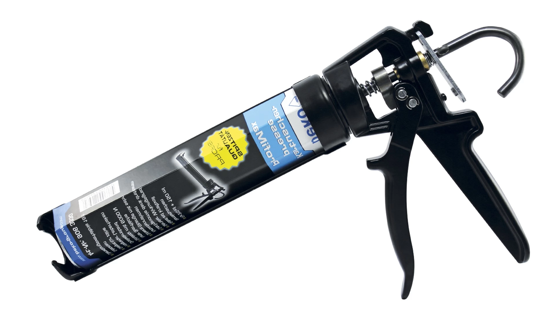 Schwarze Beko ProfiMax Profi-Kartuschenpresse mit drehbarem Rahmen, ergonomischem Abzug und integriertem Leiterhaken, Seitenansicht, hochwertige Silikonpistole für 310 ml Norm-Kartuschen
