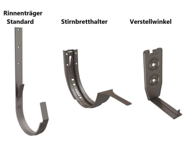 Drei verschiedene Halterungen für Dachrinnen sind abgebildet: ein Rinnen-Träger Standard, ein Stirnbretthalter und ein Verstellwinkel. Alle sind aus Metall gefertigt und haben unterschiedliche Formen und Funktionen.