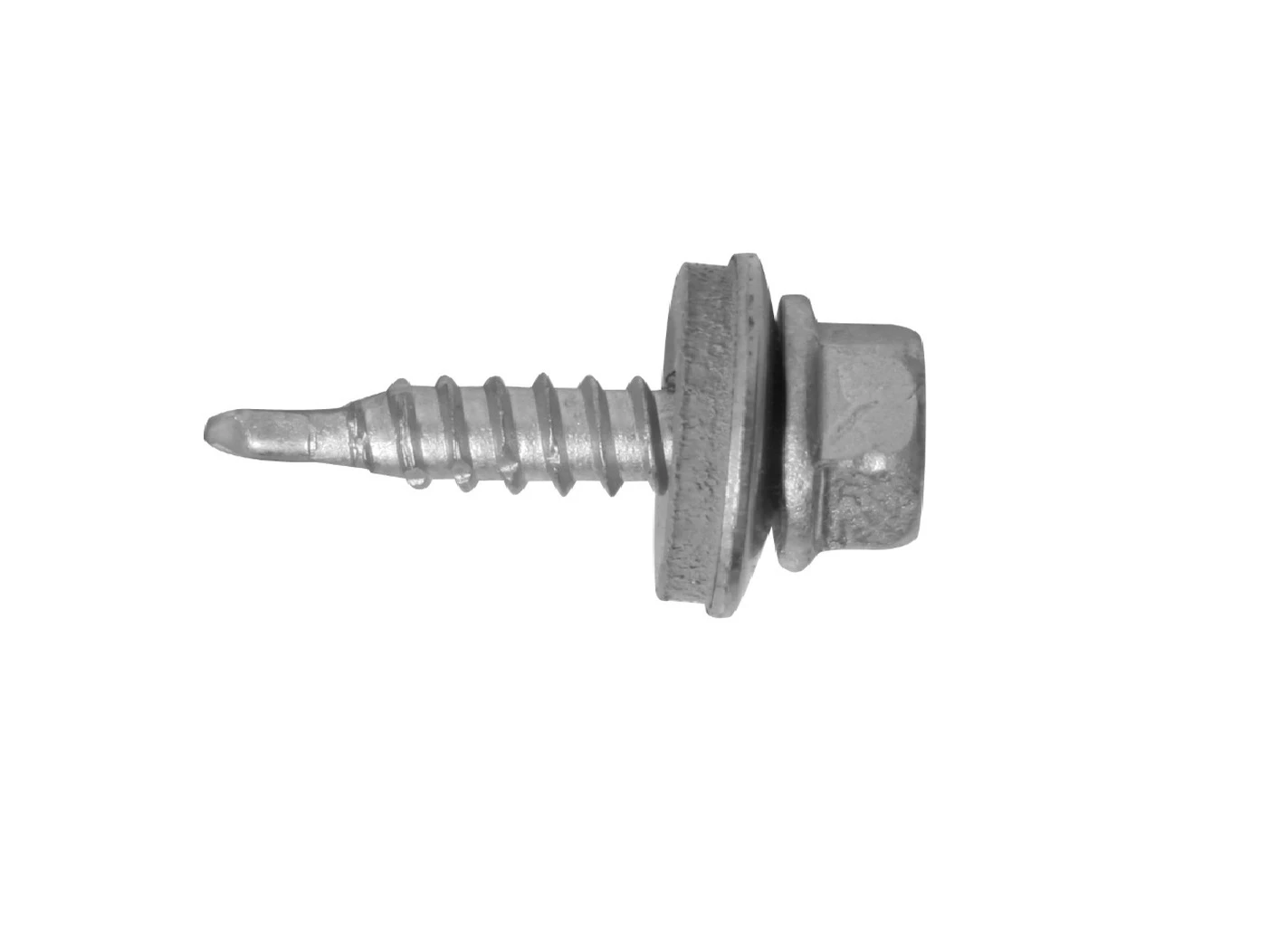 Edelstahl-Schrauben mit Sechskantmutter, großer Unterlegscheibe und selbstschneidendem Gewinde, lose verteilt, ideal für Blech-, Dach- und Fassadenbefestigungen im Außenbereich.