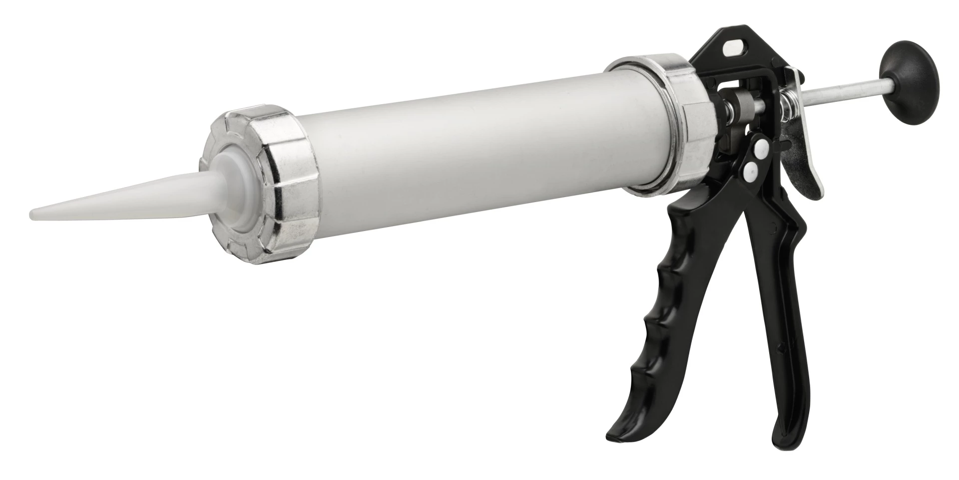 Klassische silberne Kartuschenpistole mit schwarzem ergonomischem Griff und Auslöser, für 310-ml-Kartuschen, ideal zum präzisen Auftragen von Silikon, Acryl, PU-Schaum und Klebstoffen.