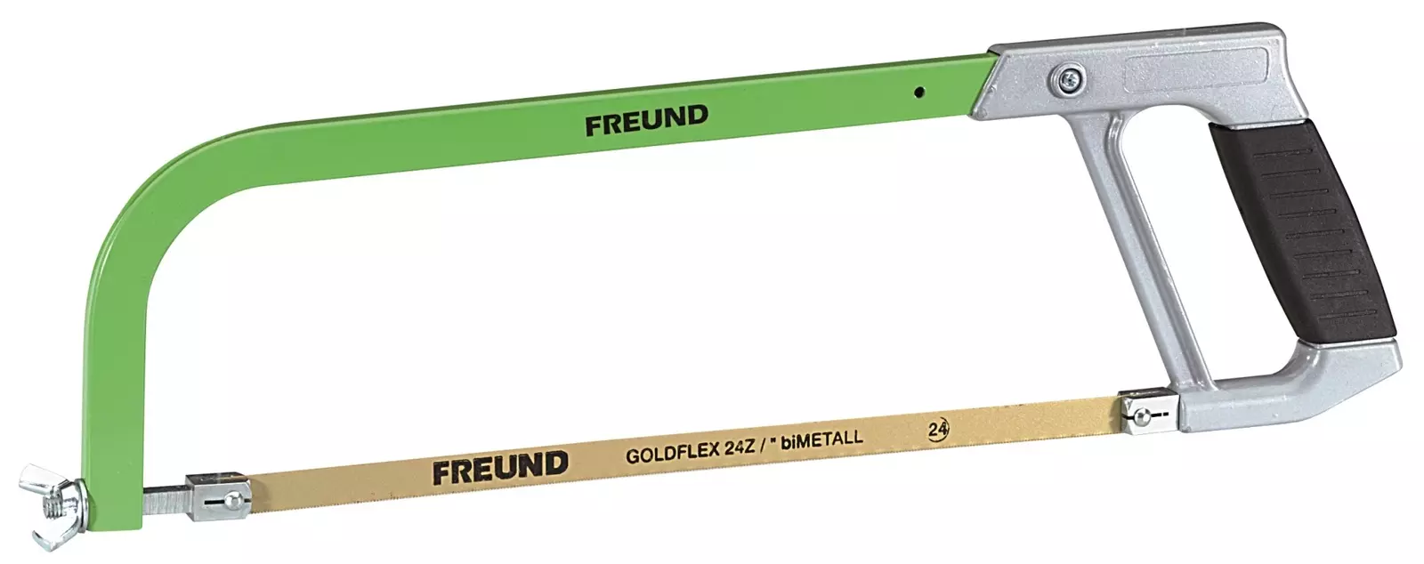 Grüne Freund Goldflex Bügelsäge mit Bi-Metall-Sägeblatt 24 Zoll pro Inch, ergonomischer Griff und Spannmechanismus, robuste Metallsäge für präzises Sägen von Stahl, Rohren und Profilen.