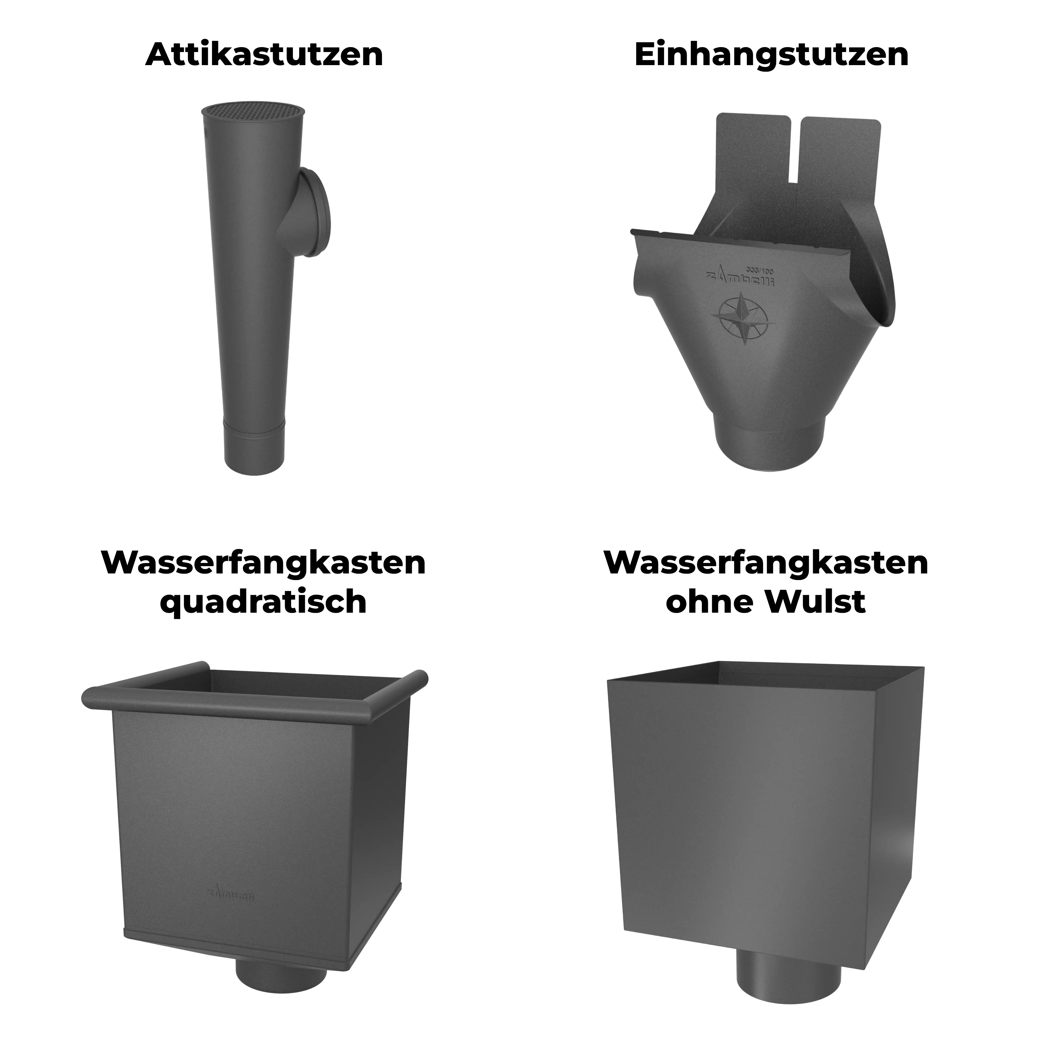 Attikastutzen, Einhangstutzen, quadratischer Wasserfangkasten und Wasserfangkasten ohne Wulst sind in schwarz dargestellt. Sie zeigen verschiedene Formen von Dachentwässerungselementen, die funktional und für den Einsatz in der Bauindustrie ausgelegt sind