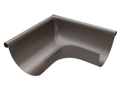 Dachrinnenwinkel aus Metall in anthrazitfarben. Er ist in der Form eines rechten Winkels gebogen und hat eine glatte Oberfläche, geeignet für die Anbringung in ein Regenwassersystem.