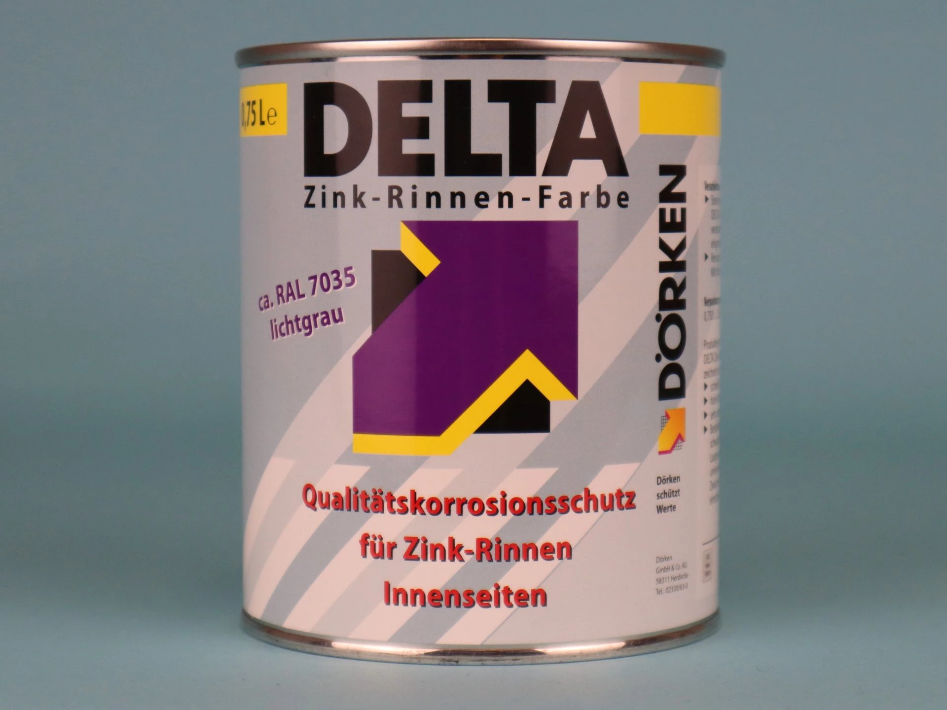 Weiße 0,75-Liter-Dose DELTA Zink-Rinnen-Farbe von Dörken in lichtgrau (ca. RAL 7035) mit gelb-schwarzem Etikett – dickschichtiger, lösemittelhaltiger 1K-Korrosionsschutzlack für die Innenseite von Dachrinnen aus Zink, Kupfer, Aluminium und verzinktem Stah
