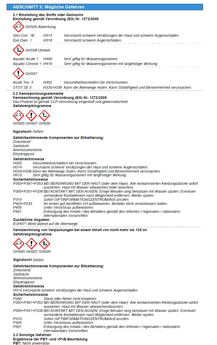 Abschnitt mit Gefahrensymbolen, Gefahrenhinweisen und Sicherheitshinweisen zu einem chemischen Produkt, einschließlich der Hauptbestandteile wie Zinkchlorid und Ammoniumchlorid. Enthält Warnungen zu gesundheitlichen Risiken und Notfallmaßnahmen.