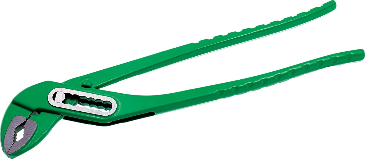 Grüne Wasserpumpenzange mit gezahntem Maul und verstellbarem Gelenk, ergonomische grüne Griffe, ideal zum Greifen, Halten und Drehen von Rohren, Muttern und Armaturen im Sanitär- und Installationsbereich.