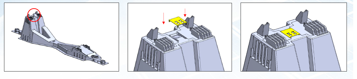 Ein Montageelement in drei Ansichten zeigt die Installation eines Komponententeils. Die Zeichnungen zeigen Abbildungen mit unterschiedlichen Perspektiven und einer Markierung für eine genaue Positionierung des Bauteils.
