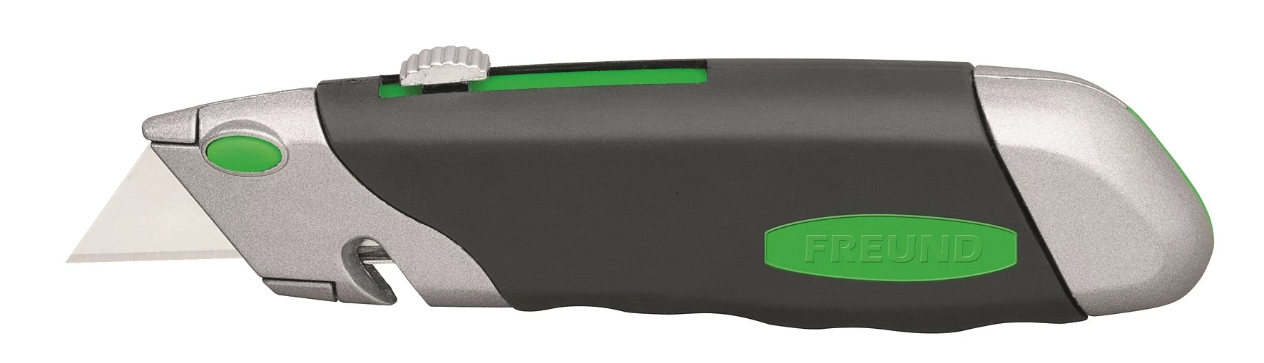 Kompaktes Freund Ergo Cuttermesser mit grün-schwarzem Griff, ausfahrbarem Klingenschieber und Sicherung, ideal für präzises Schneiden von Folien, Karton, Dachpappe und Isolierungen im Bau- und Dachbereich.