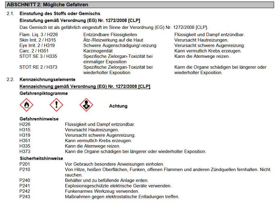 ABSCHNITT 2: Informationen über mögliche Gefahren eines Stoffes, einschließlich Einstufung nach Verordnung (EG) Nr. 1272/2008 [CLP], mit spezifischen Risiko- und Sicherheitshinweisen. Gefahrensymbole sind abgebildet.