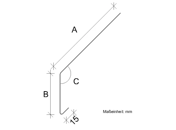 Zeichnung eines Winkelprofils mit den abgemessenen Längen A, B und C. Die Maßeinheit ist in Millimetern angegeben, mit einer markierten Breite von 15 mm.