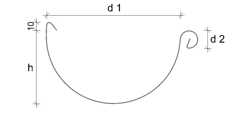 Diese Skizze zeigt eine halbrunde Form mit den Abmessungen d1, d2 und h. Die Höhe beträgt 10. Keine weiteren Elemente sind im Hintergrund zu sehen.