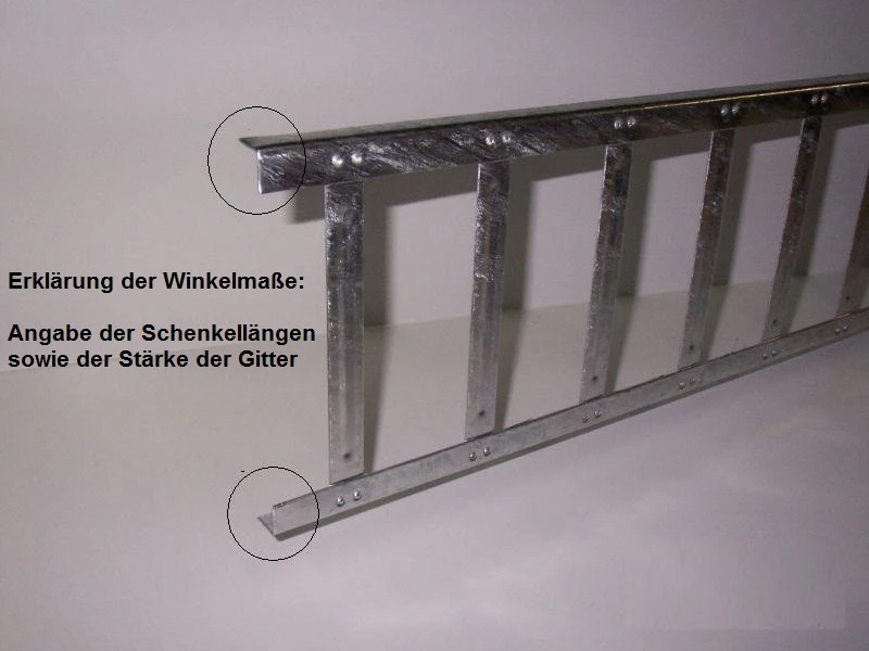 Ein galvanisierter Metallwinkel mit mehreren Gitterstäben ist abgebildet. Text erklärt die Winkelmaße und die Anforderungen an Schenkellängen sowie die Gitterstärke. Hintergrund ist ein neutraler hellfarbener Untergrund.