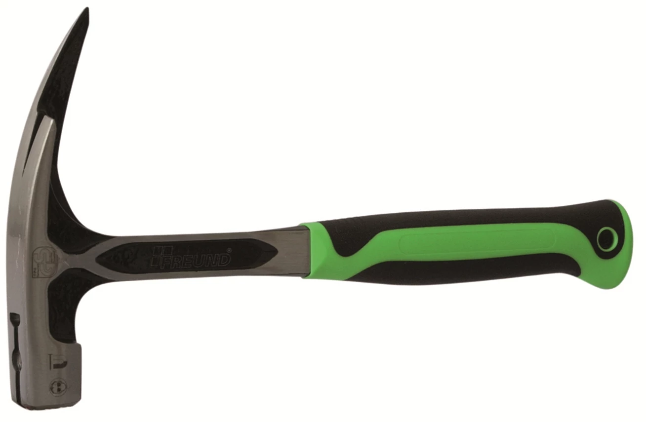 Grün-schwarzer Krallenhammer mit gebogener Klaue und Nagelzieher, ergonomischer Griff, für Schlagen und Ziehen von Nägeln in Holz, Blech und Dachkonstruktionen, vibrationsarm und langlebig.