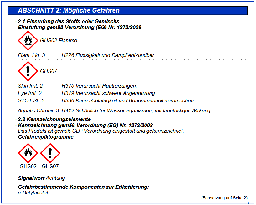 Gefahreinstufung eines chemischen Stoffes, einschließlich Gefahren- und Sicherheitshinweisen. Informationen über entzündliche Eigenschaften, Gesundheitsrisiken und Umweltschäden sind enthalten. Piktogramme verdeutlichen die Gefahren.