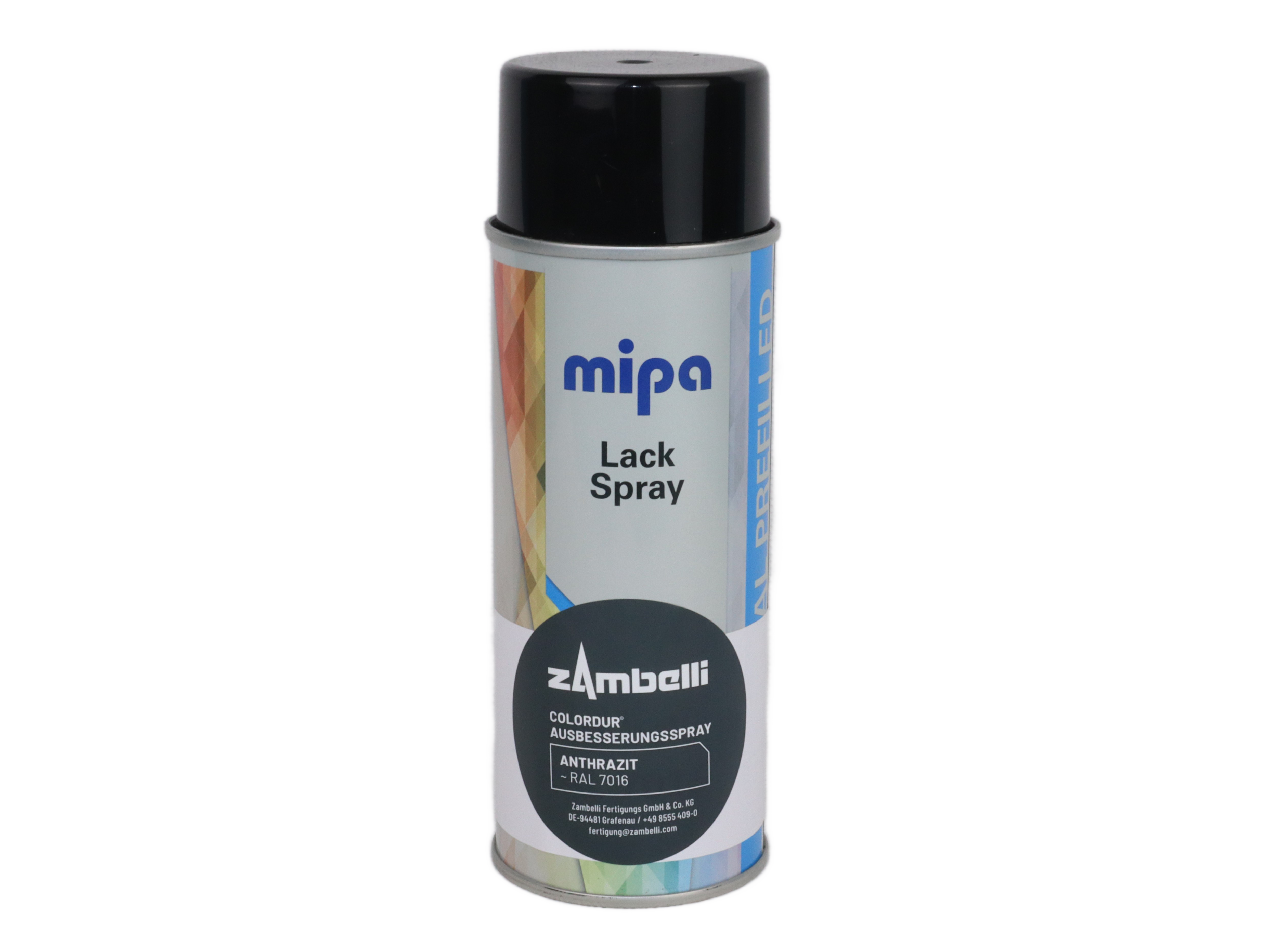 Spraydose mit schwarzem Deckel und silberner Oberfläche. Beschriftung zeigt -mipa Lack Spray- und -Zambelli Colourdur Ausbesserungsspray- in Anthrazit, RAL 7016. Hintergrund ist einfarbig.