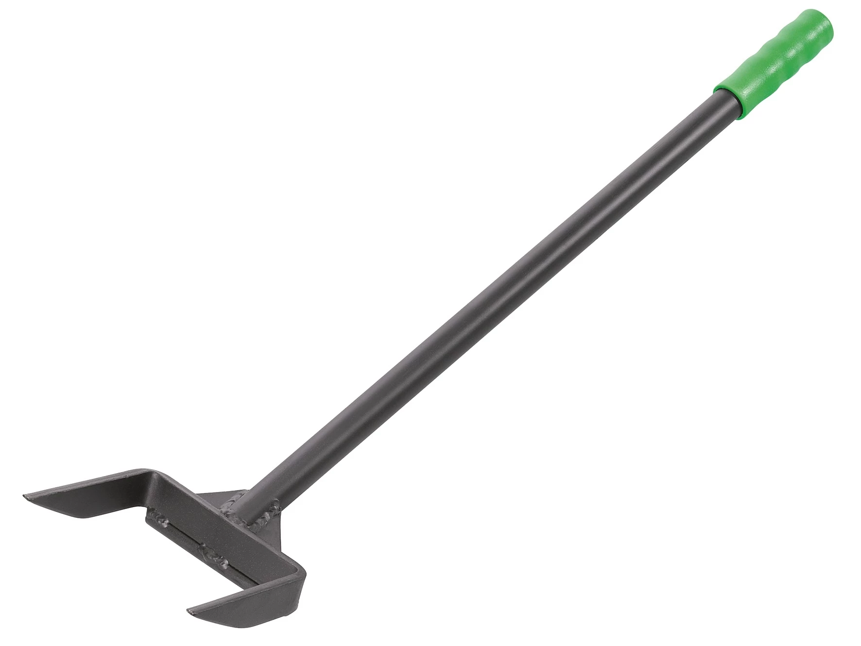 Langes Hebelwerkzeug mit grünem Griff und V-förmigem Metallende, robust aus Stahl, ideal zum Heben