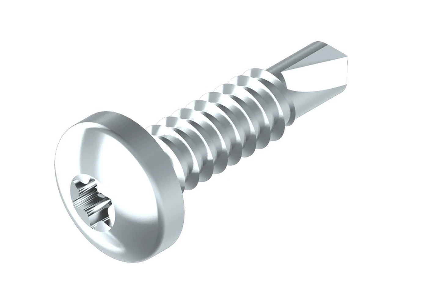 Hochwertige 3D-Darstellung einer Edelstahl-Linsenkopfschraube mit Torx-Antrieb, großem runden Kopf und scharfem Gewinde, ideal für saubere, korrosionsbeständige Befestigungen in Metall und Blech.