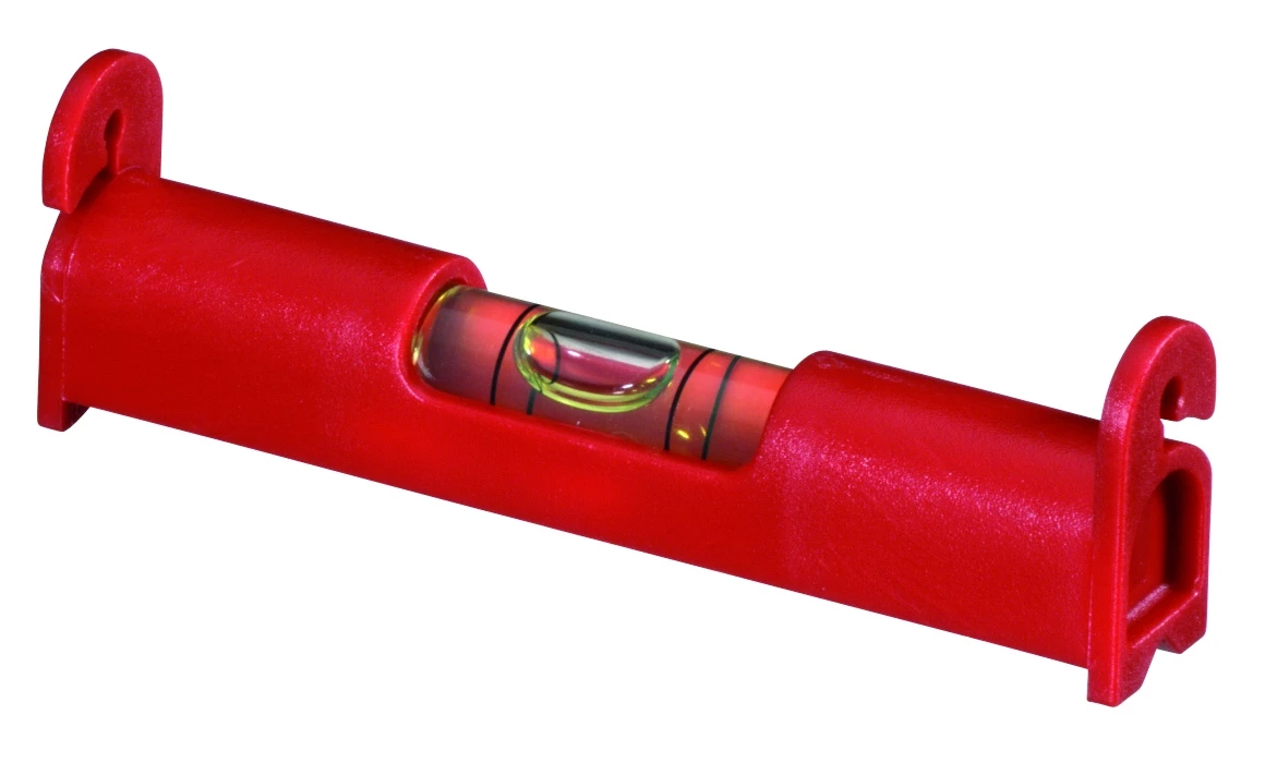 Kompakte rote Rohrwaage mit starker Libelle und seitlichen Haken zum Einhängen, robustes Kunststoffgehäuse, ideal für schnelle horizontale Ausrichtung von Rohren, Kabeln, Profilen und kleinen Bauteilen.